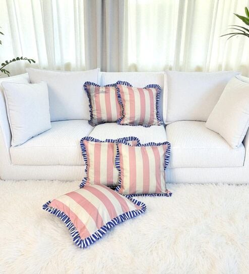 Beige Striped Striped Cotton Ruffle 18x18 inches Cushion Covers Set of 5