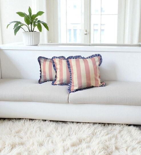 Beige Striped Striped Cotton Ruffle 18x18 inches Cushion Covers Set of 3