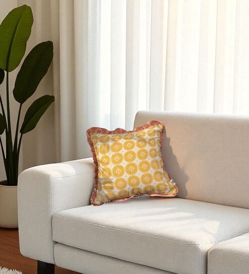 Yellow Floral Cotton Ruffle 18x18 inches Cushion Cover