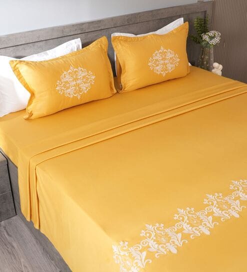 Sunlit Gold 300TC 100% Cotton Solid Flat Embroidered Super King Bedsheet With 2 Pillow Covers