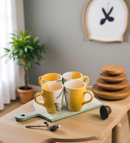 Sunset Leafstone Coffee Mug Set of 4(275 ML Each) Microwave Safe Coffee Mugs