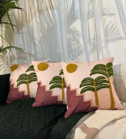 Brown Floral Cotton Embroidered 18x18 inches Cushion Covers Set of 3