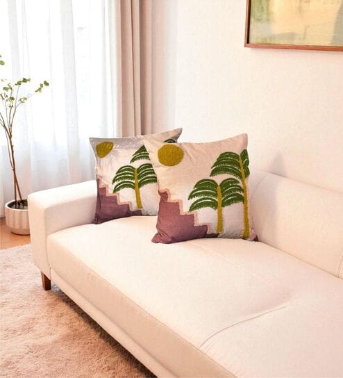 Brown Floral Cotton Embroidered 18x18 inches Cushion Covers Set of 2