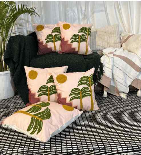 Brown Floral Cotton Embroidered 18x18 inches Cushion Covers Set of 5