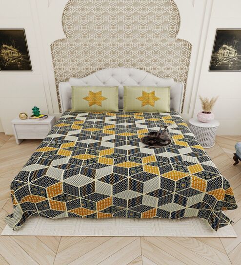 Grey And Yellow Traditional print 144 TC Cotton King Size  Bedsheet With 2 Pillow Cover
