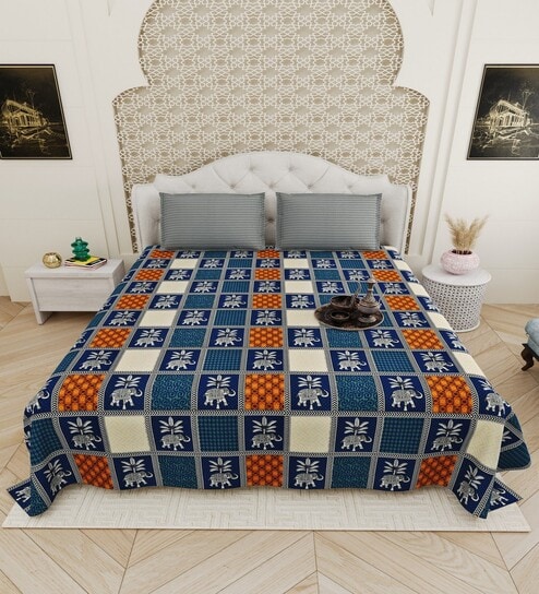 Blue Traditional print 144 TC Cotton King Size  Bedsheet With 2 Pillow Cover