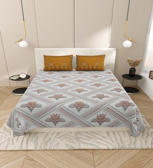 Blue Floral 144 TC Cotton King Size  Bedsheet With 2 Pillow Cover