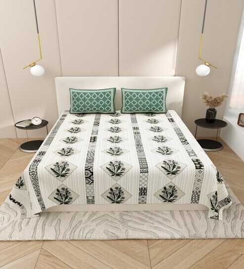 Green Traditional print 144 TC Cotton King Size  Bedsheet With 2 Pillow Cover