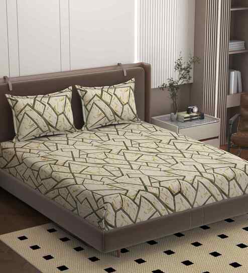 Beige 250 Tc Cotton Fitted Bedsheet With 2 Pillow Covers