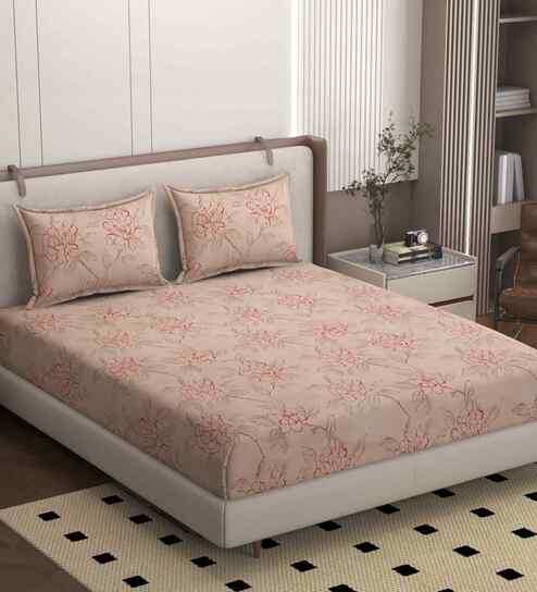 Pink 250 Tc Cotton Fitted Bedsheet With 2 Pillow Covers