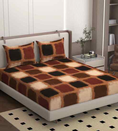 Brown 250 Tc Cotton Fitted Bedsheet With 2 Pillow Covers