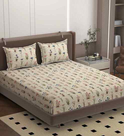 Cream 250 Tc Cotton Fitted Bedsheet With 2 Pillow Covers