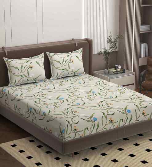 Beige 250 Tc Cotton Fitted Bedsheet With 2 Pillow Covers