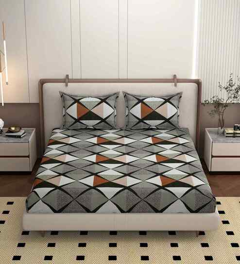 Grey 250 Tc Cotton Fitted Bedsheet With 2 Pillow Covers