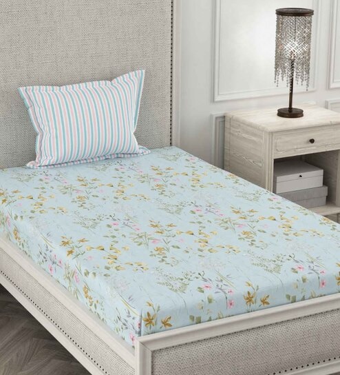 Blue Floral 210 TC Microfiber Single Bed Sized Bed Sheets With 1 Pillow Cover