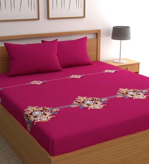 Magenta Traditional 210 TC Microfiber Queen Sized Bed Sheets with 2 Pillow Covers by Chhavi India