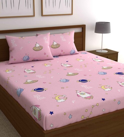Pink Cartoon 210 TC Microfiber Double Size Bedsheet With 2 Pillow Covers
