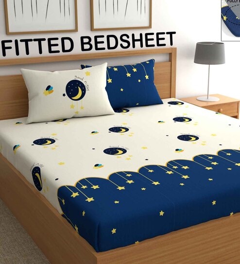 White & Blue Moon & Star 210 TC Microfiber Fitted Double Size Bedsheet With 2 Pillow Covers
