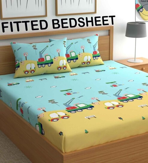 Blue & Yellow Wildlife 210 TC Microfiber Double Size Bedsheet With 2 Pillow Covers