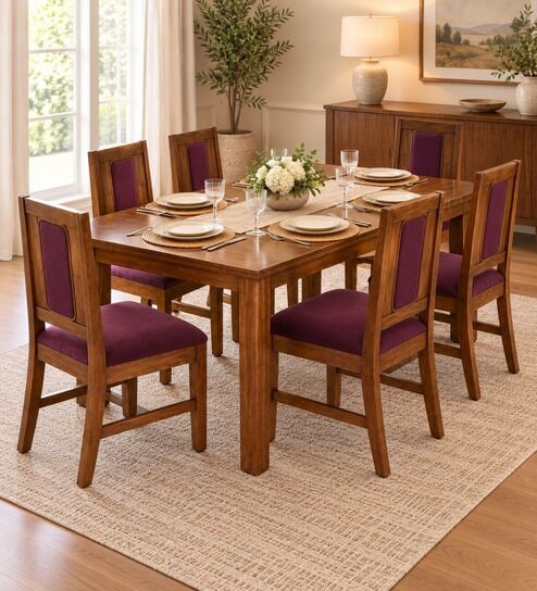 Sutra 6 Seater Dining Set In Provincial Teak Finish With Plum Colour Chair