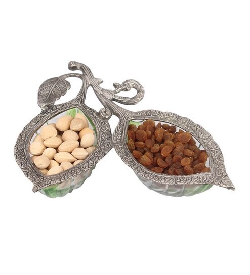 Buy Sutra Decor Leaf Design Dry Fruit Silver Glass Tray Online