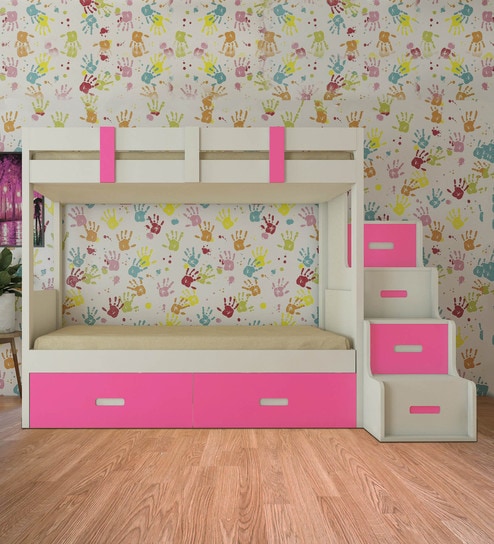 Suvina Bunk Bed in Pink Colour with Drawer Storage