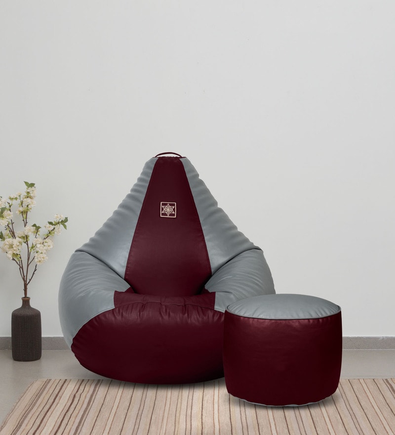 Buy Superior XXL Bean Bag Cover With Round Pouffe In Wine And Grey   Superior Xxl Bean Bag Cover With Round Pouffe In Wine And Grey Colour By Vplanet Superior Xxl Bean B Slijqh 