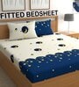 White & Blue Moon & Star 210 TC Microfiber Fitted Double Size Bedsheet With 2 Pillow Covers