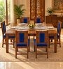 Sutra 6 Seater Dining Set In Provincial Teak Finish With Navy Blue Colour Chair Sutra 6 Seater Dining Set In Provincial Teak Finish With Navy Blue Colour Chair