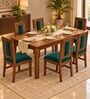 Sutra 6 Seater Dining Set In Provincial Teak Finish With Teal Green Colour Chair Sutra 6 Seater Dining Set In Provincial Teak Finish With Teal Green Colour Chair