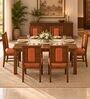 Sutra 6 Seater Dining Set In Provincial Teak Finish With Terracotta Orange Colour Chair Sutra 6 Seater Dining Set In Provincial Teak Finish With Terracotta Orange Colour Chair