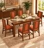 Sutra 6 Seater Dining Set In Provincial Teak Finish With Terracotta Orange Colour Chair Sutra 6 Seater Dining Set In Provincial Teak Finish With Terracotta Orange Colour Chair