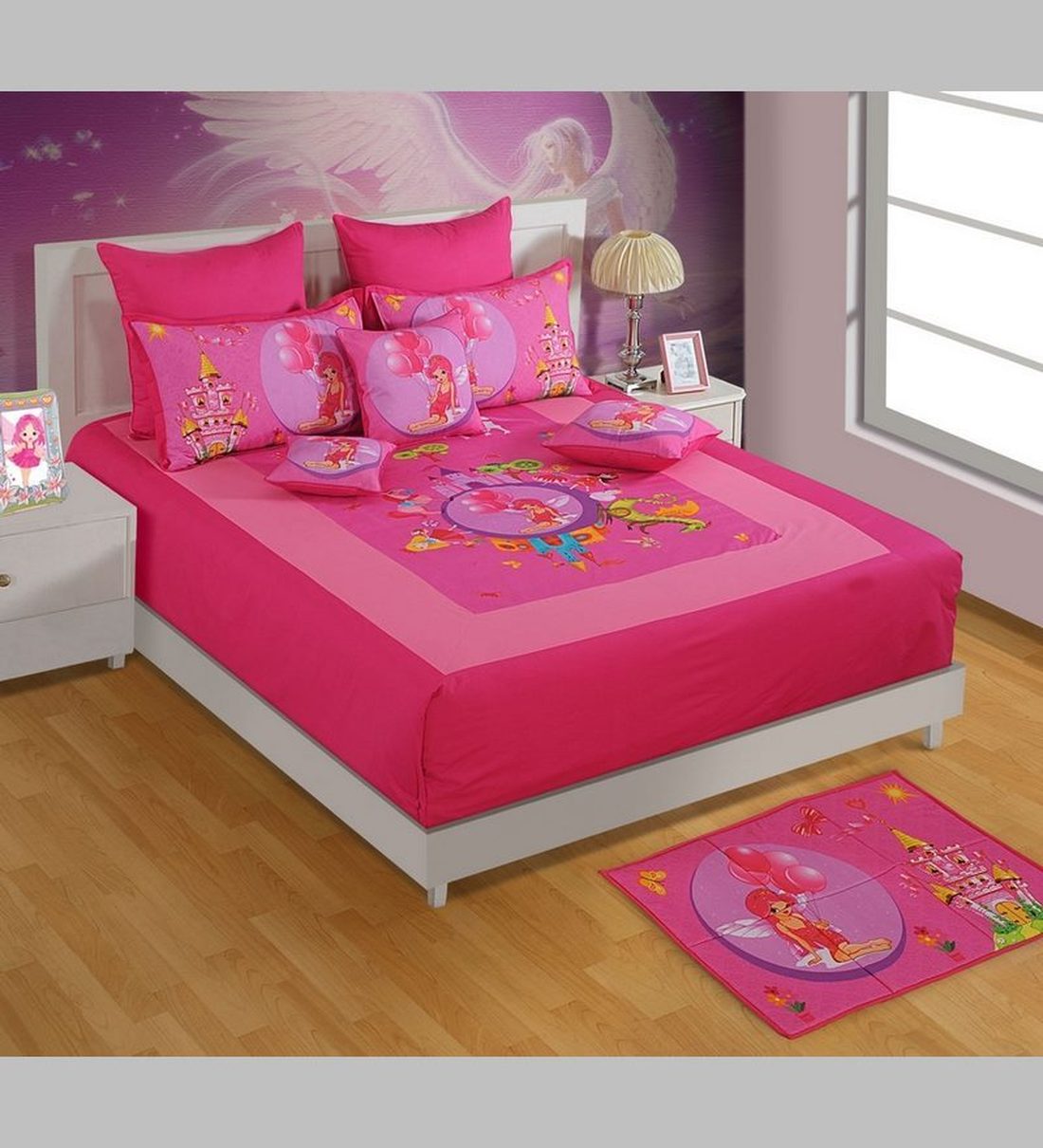 Buy Fairy Print Double Bedsheet with 2 Pillow Cover in Pink Colour by