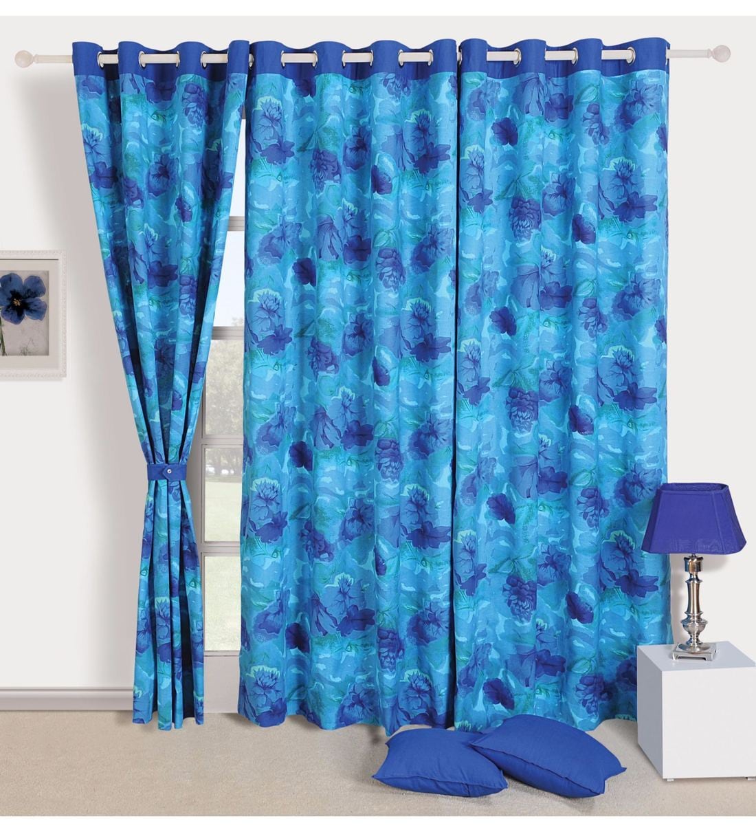 Buy Turquoise Cotton Floral Printed Eyelet Curtain By Swayam Online Floral Door Curtains Furnishings Home Decor Pepperfry Product