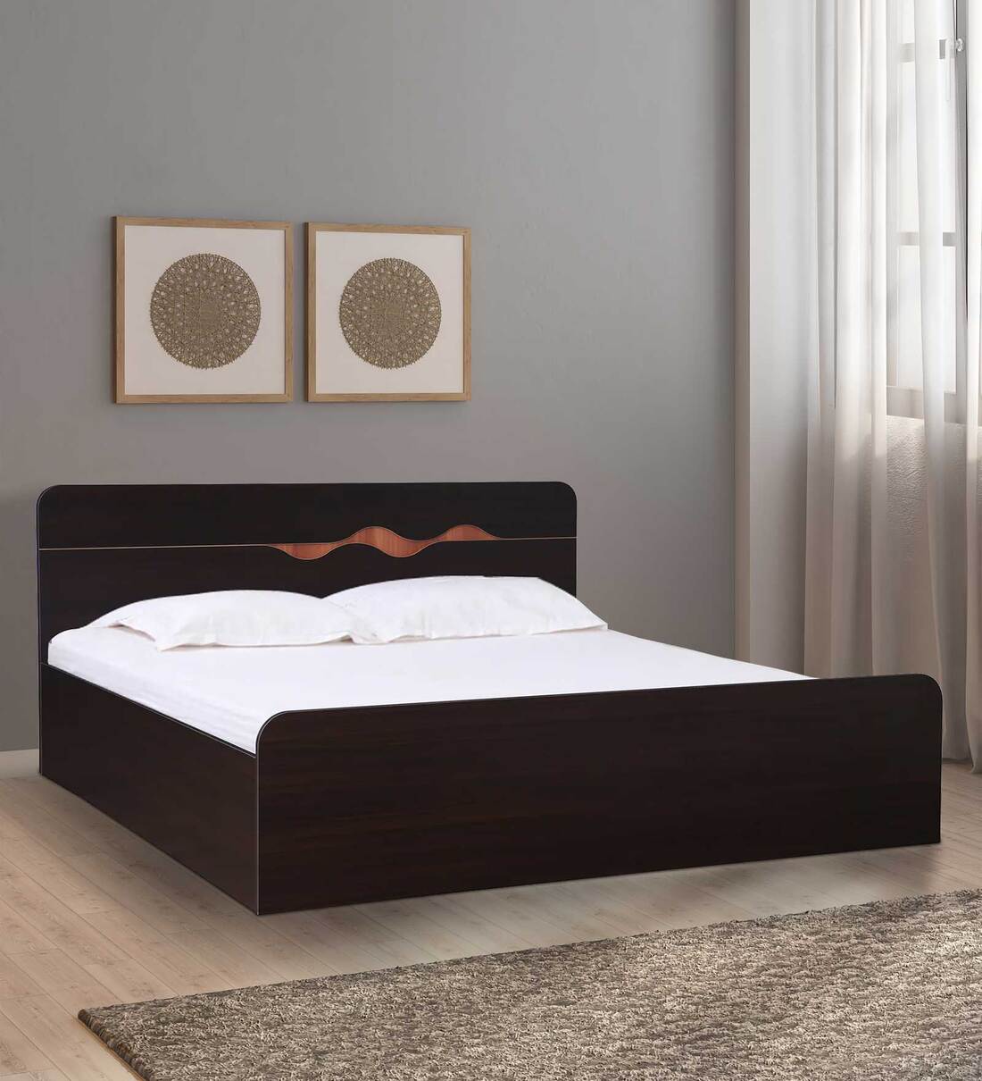 Buy Swirl Queen Size Bed in Denver Oak Finish with Box Storage at 56