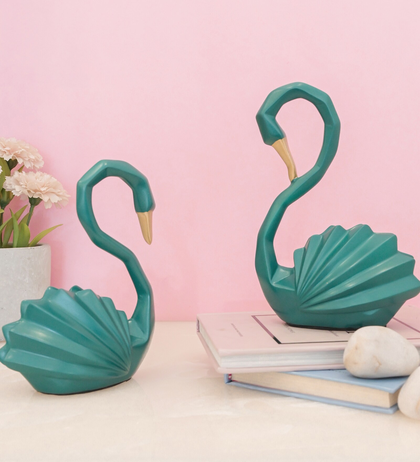 Swan Love Birds Green Resin Figurine