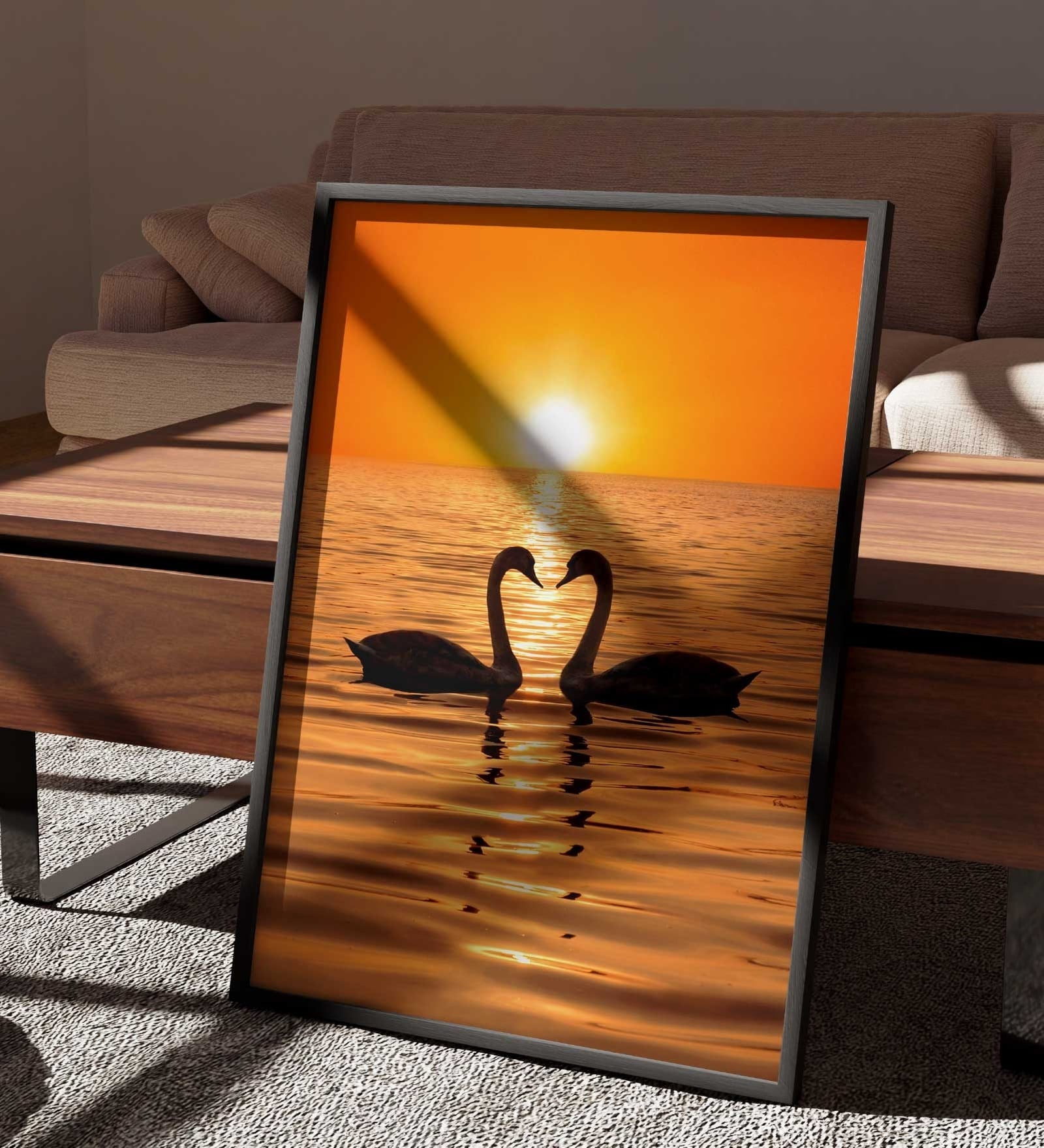 Swan sunset Golden Serenity Printed Canvas Wall Art