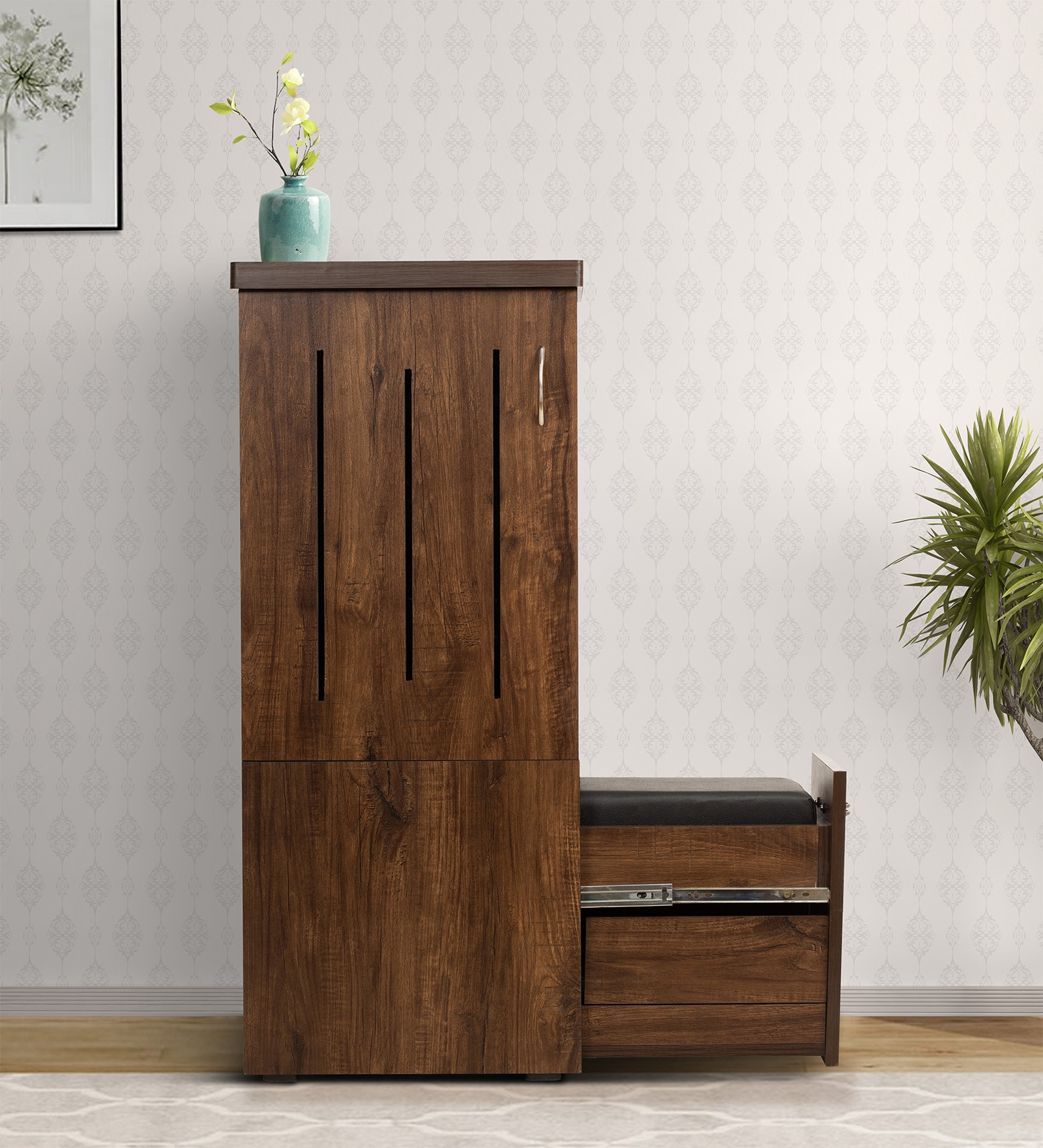 Kasper Shoe Rack with Seating in Brown Teak Matte Finish