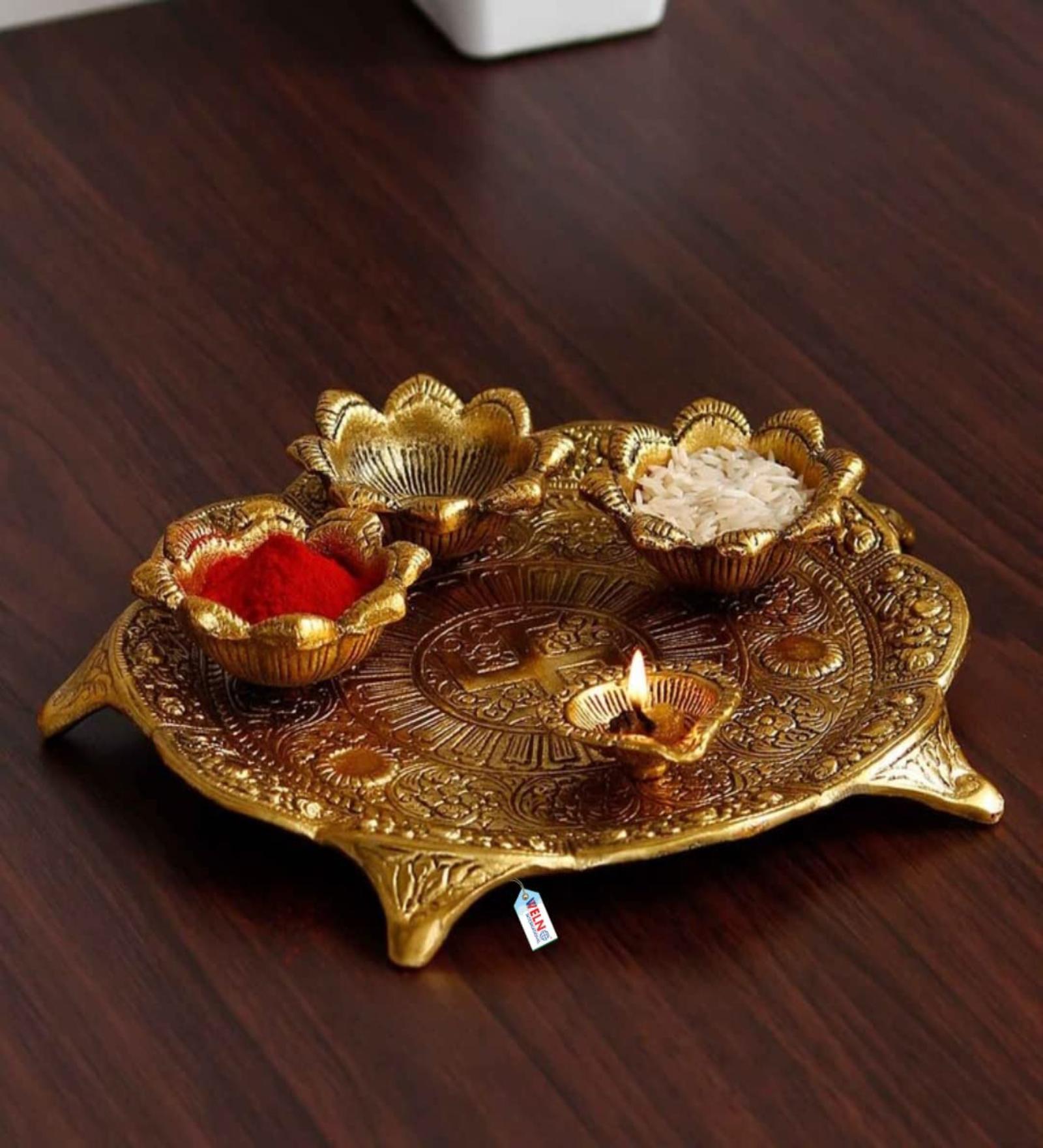 Swastik Metal Pooja Thali with attached 4 Diyas (Gold)