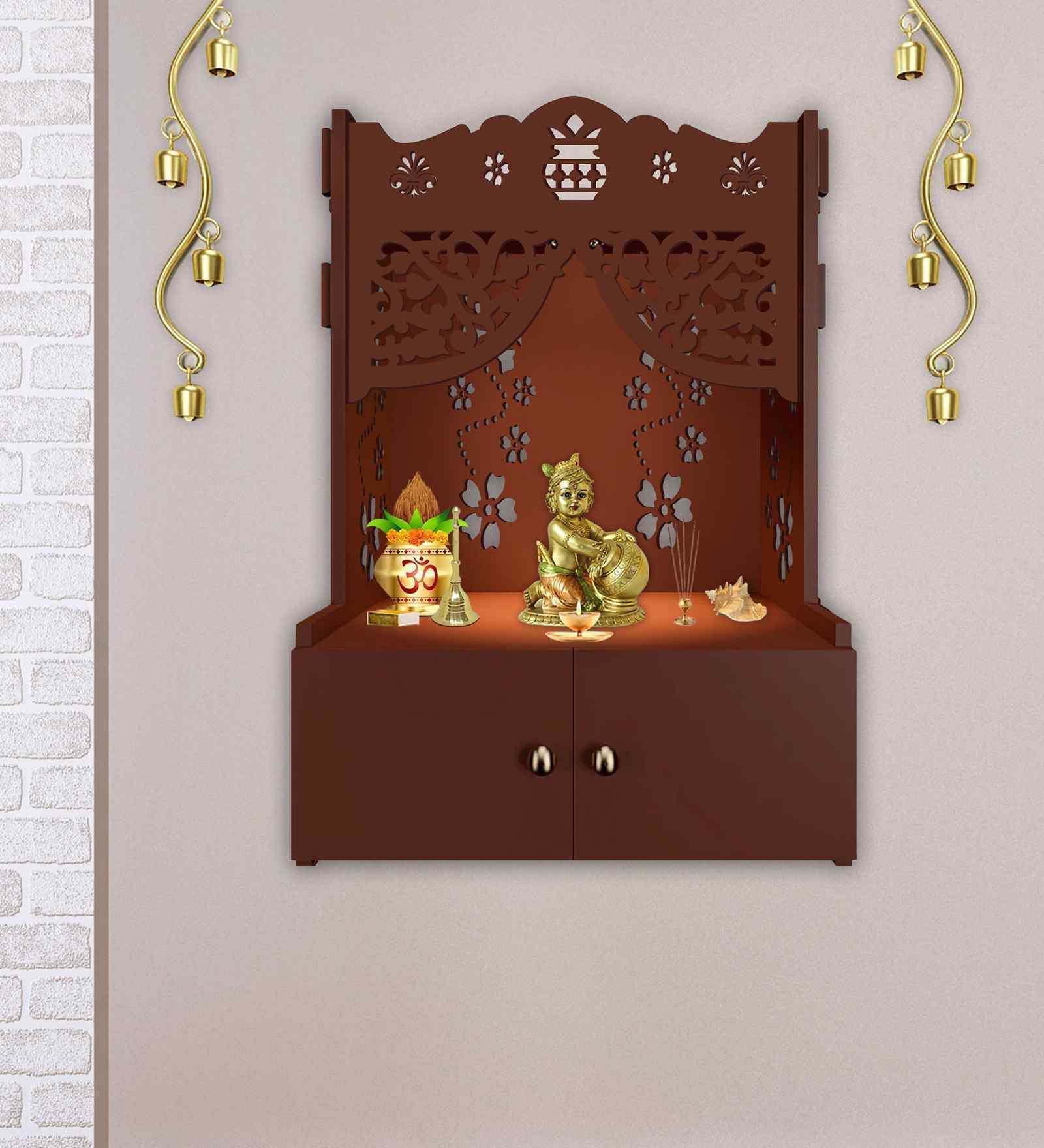 Swastika Kalash Symbol of Hindu Religious Brown Wooden Wall Temple for Home With Inbuilt focus Lights & Spacious Shelf