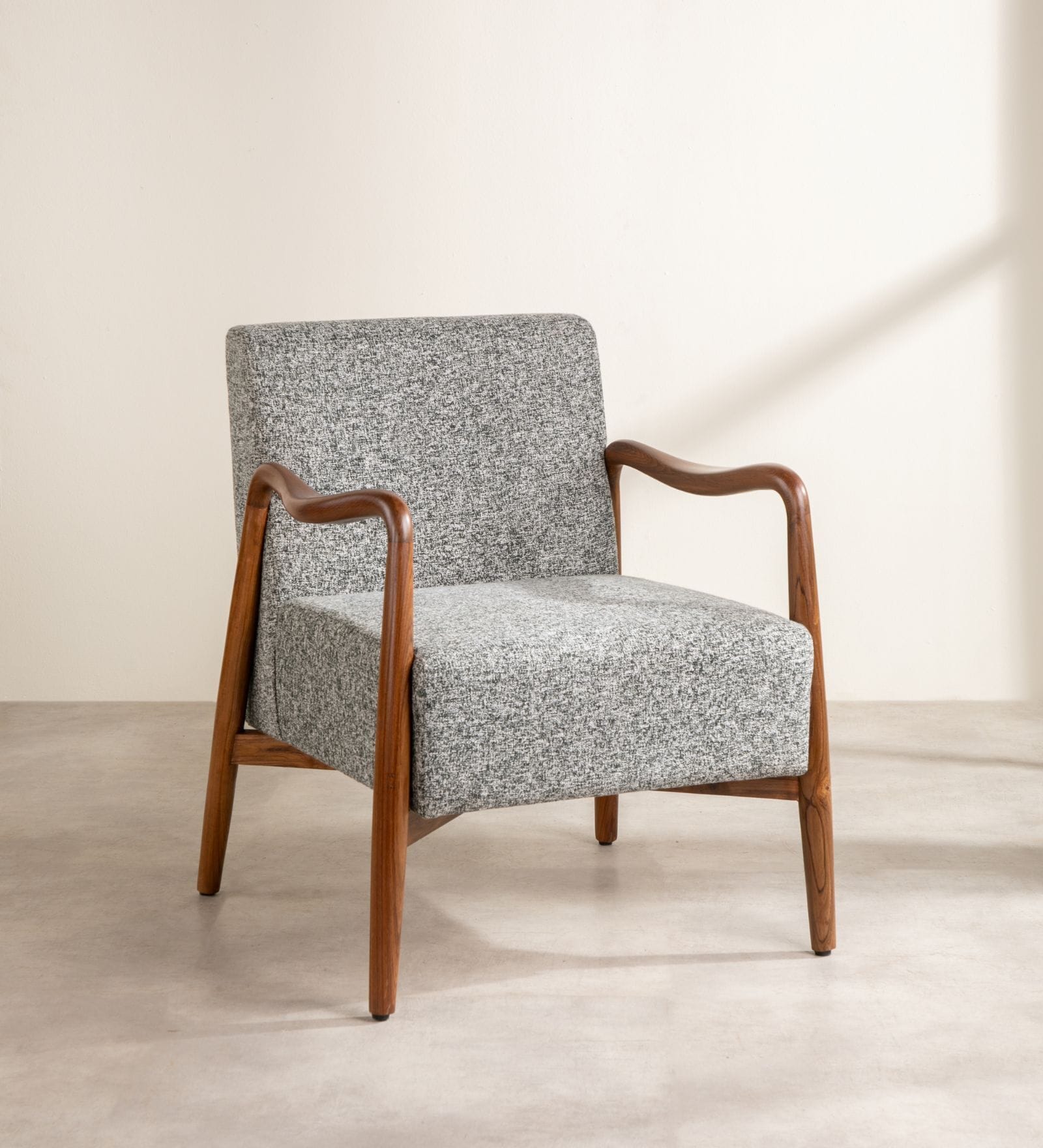 Sway Teak Wood Arm Chair in Grey Fabric Sway Teak Wood Arm Chair in Grey Fabric