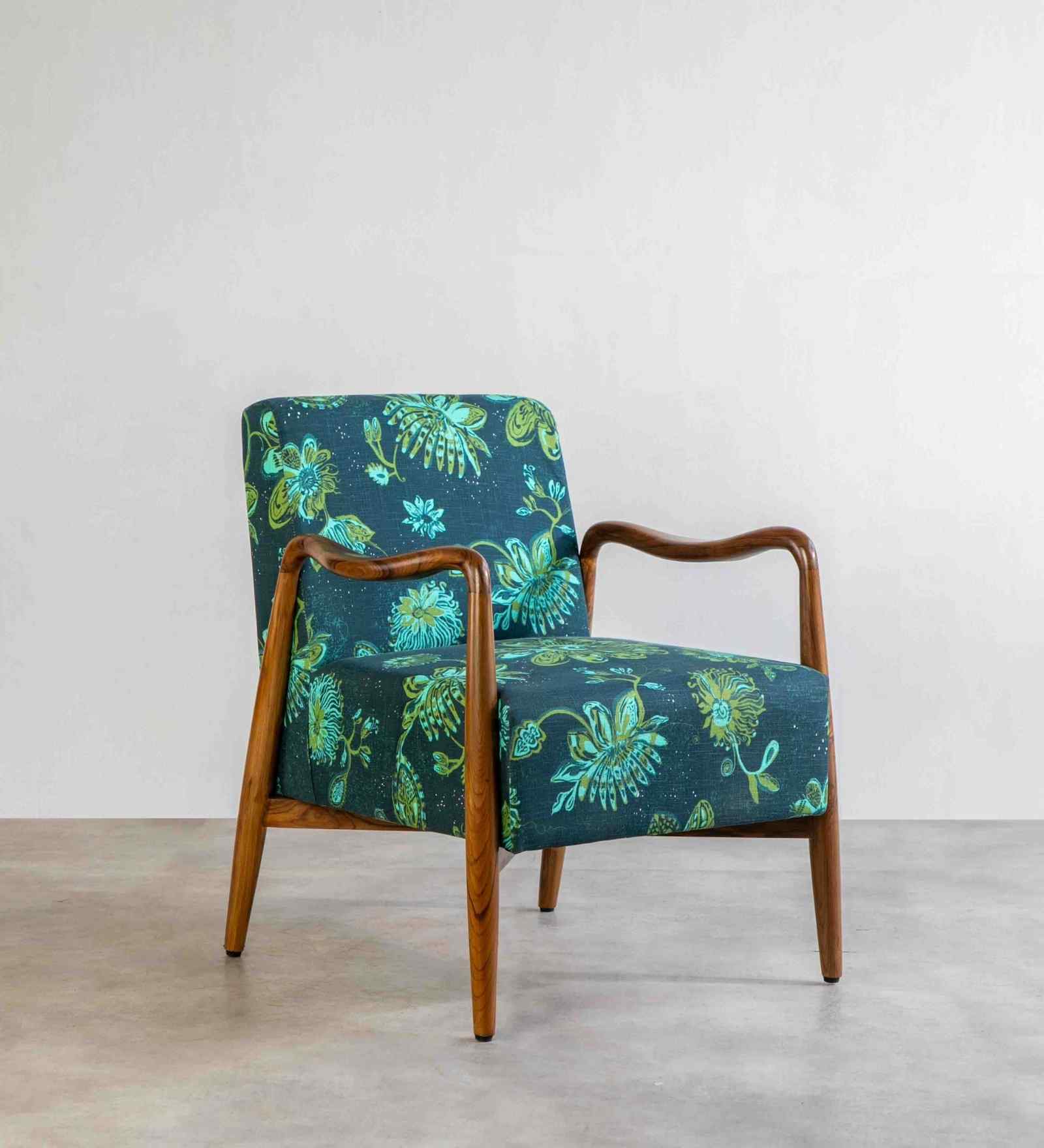 Sway Teak Wood Arm Chair in Teal Printed Fabric