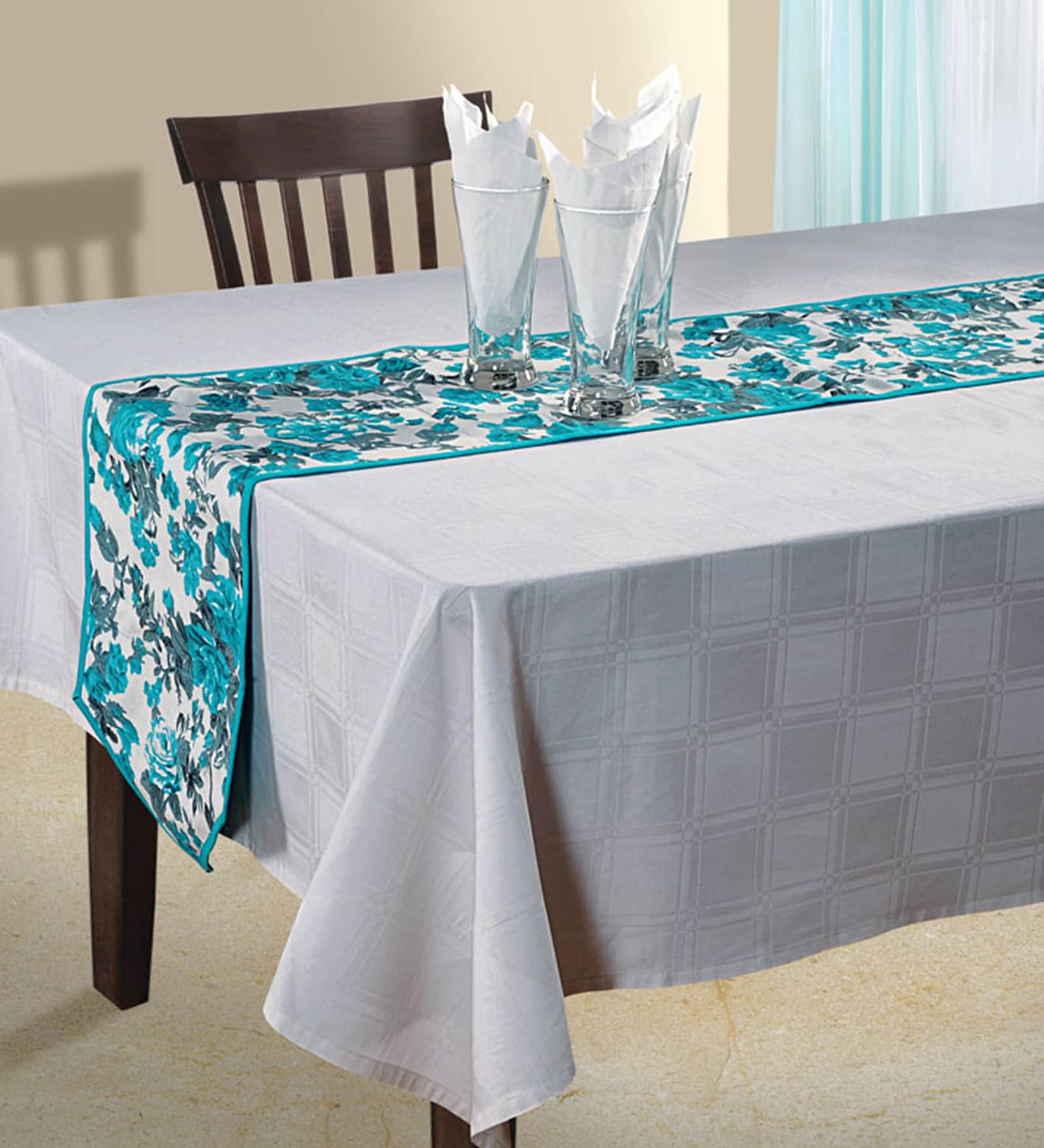 Francis White & Blue Cotton Table Runner