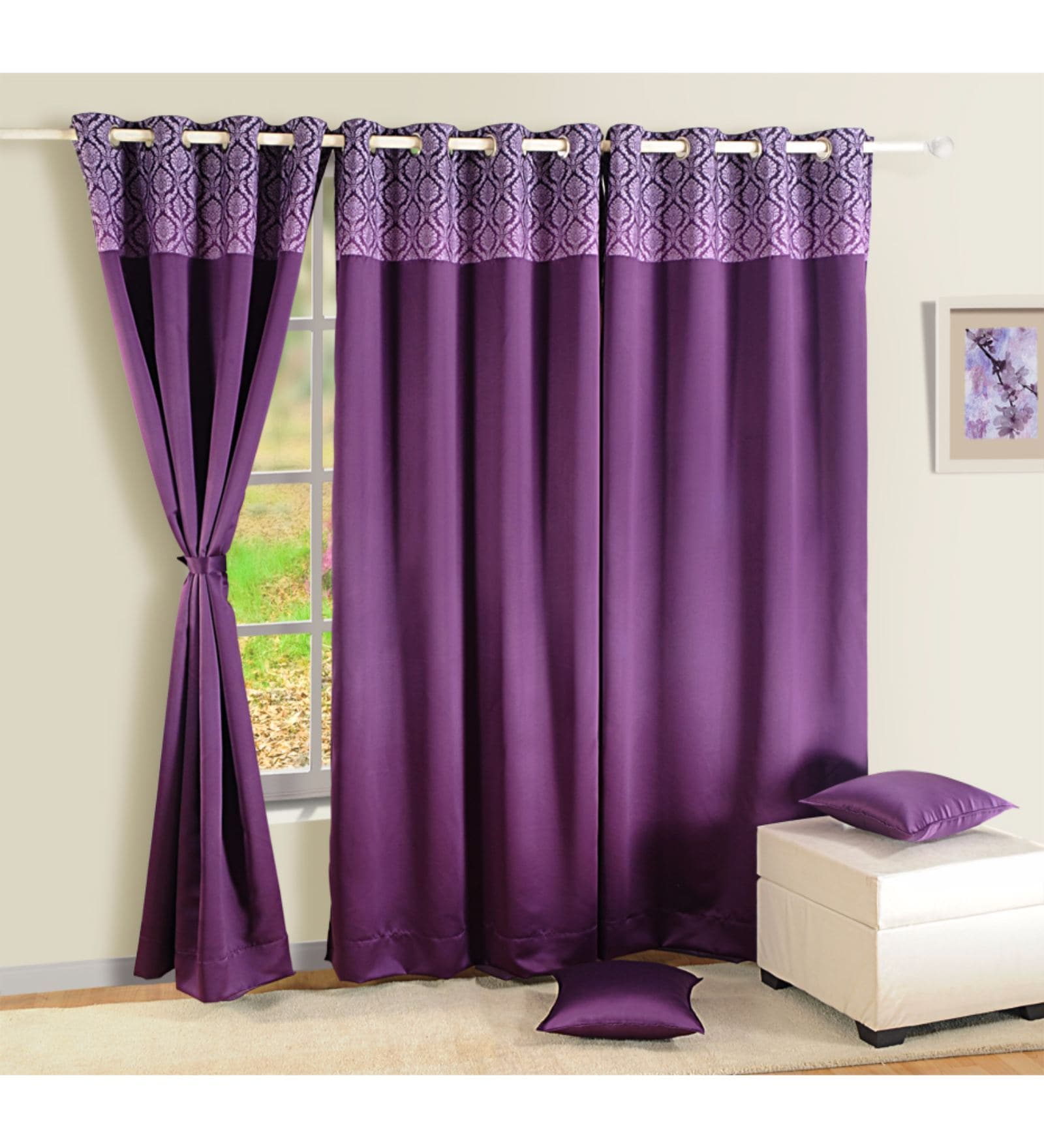 Buy Purple Faux Silk Solid Blackout Eyelet Curtain By Swayam Online 