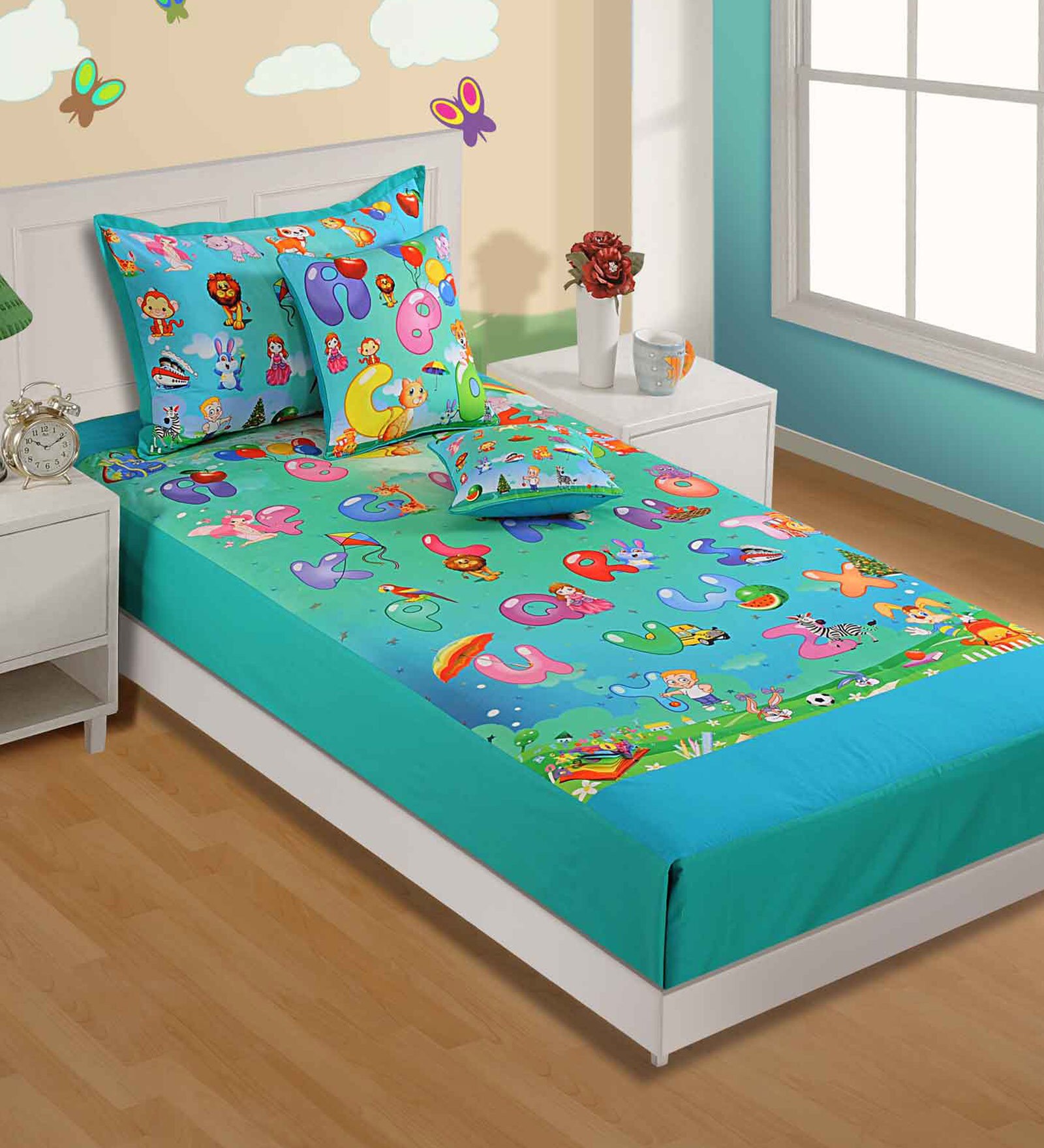 Buy Aqua Print Single Bedsheet with 1 Pillow Cover in Blue Colour by