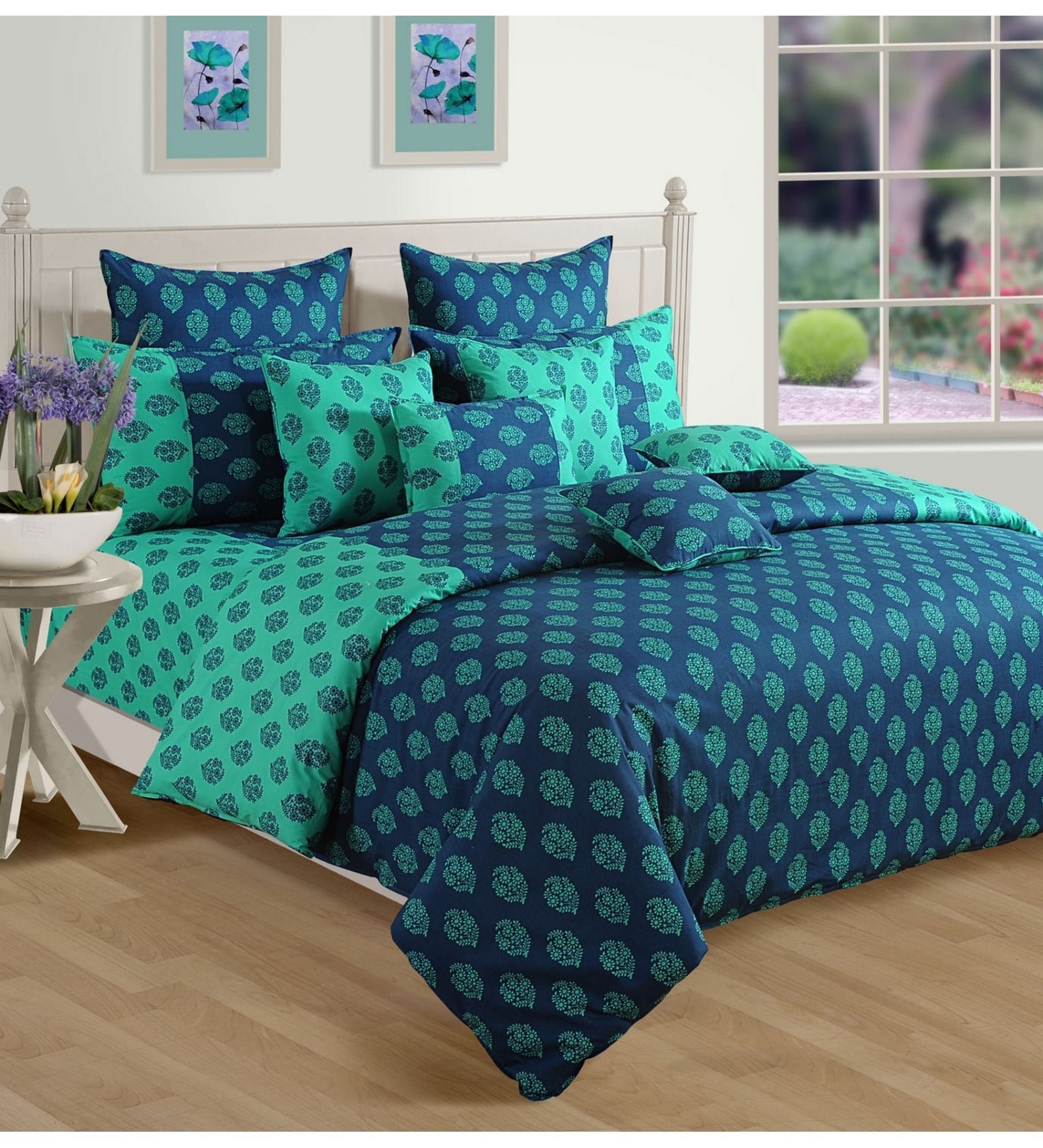 Blue Traditional Cotton 4 Pieces Double Bedding Set