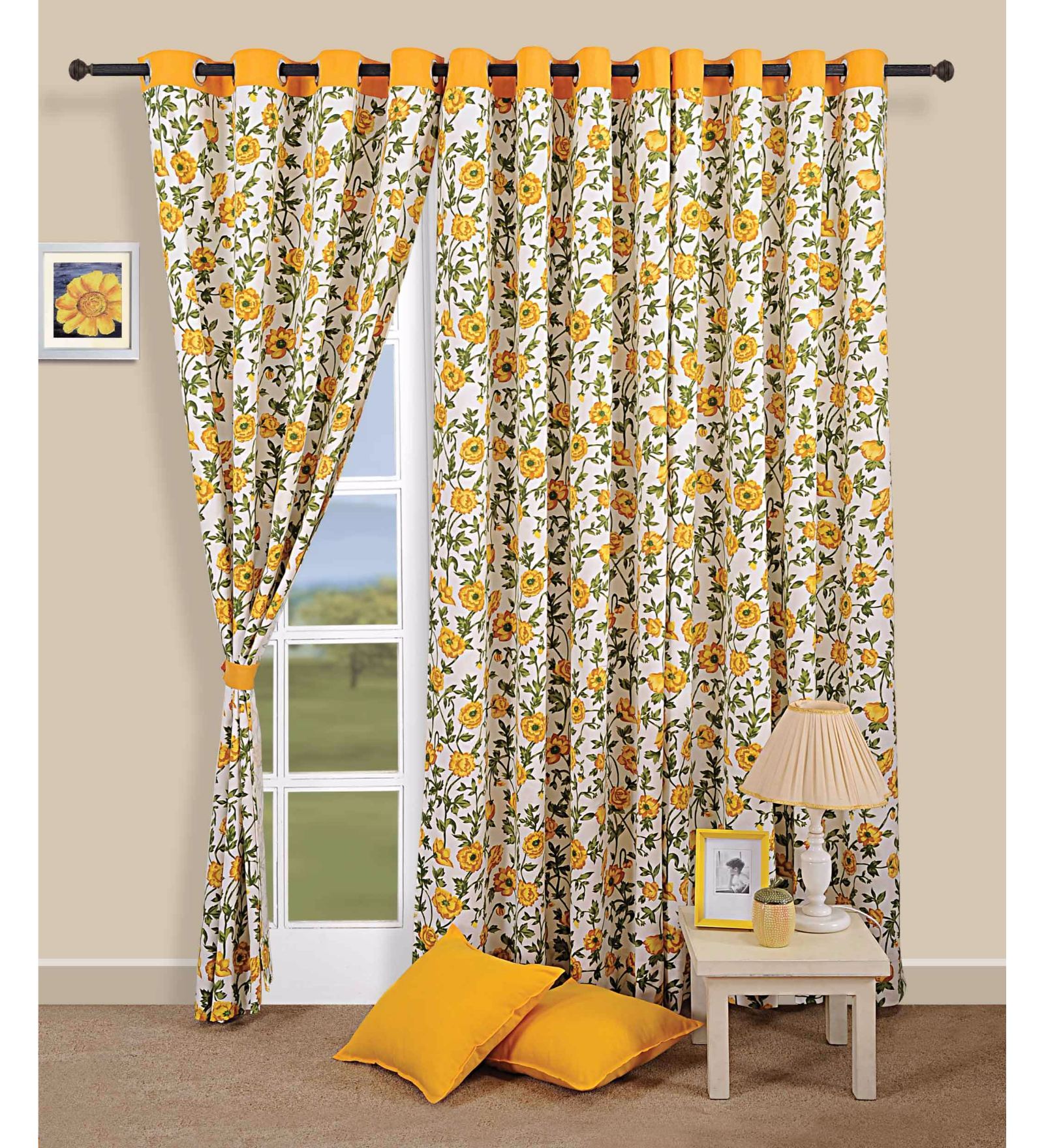Yellow Cotton Floral 5ft Semisheer Eyelet 1 Pc Window Curtain