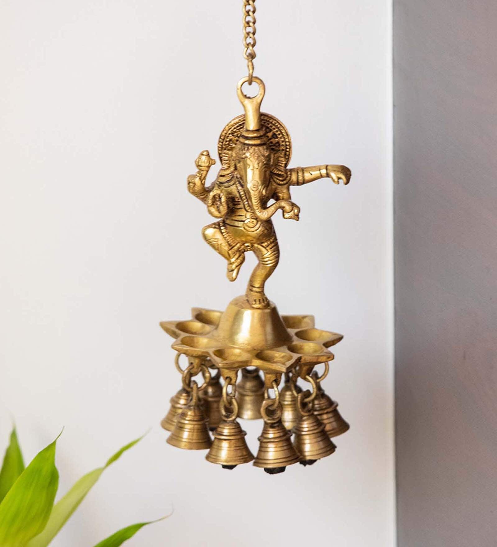Swaying Ganesha Hand-Etched Gold Brass Decorative Wall Hanging Diyas With Bells