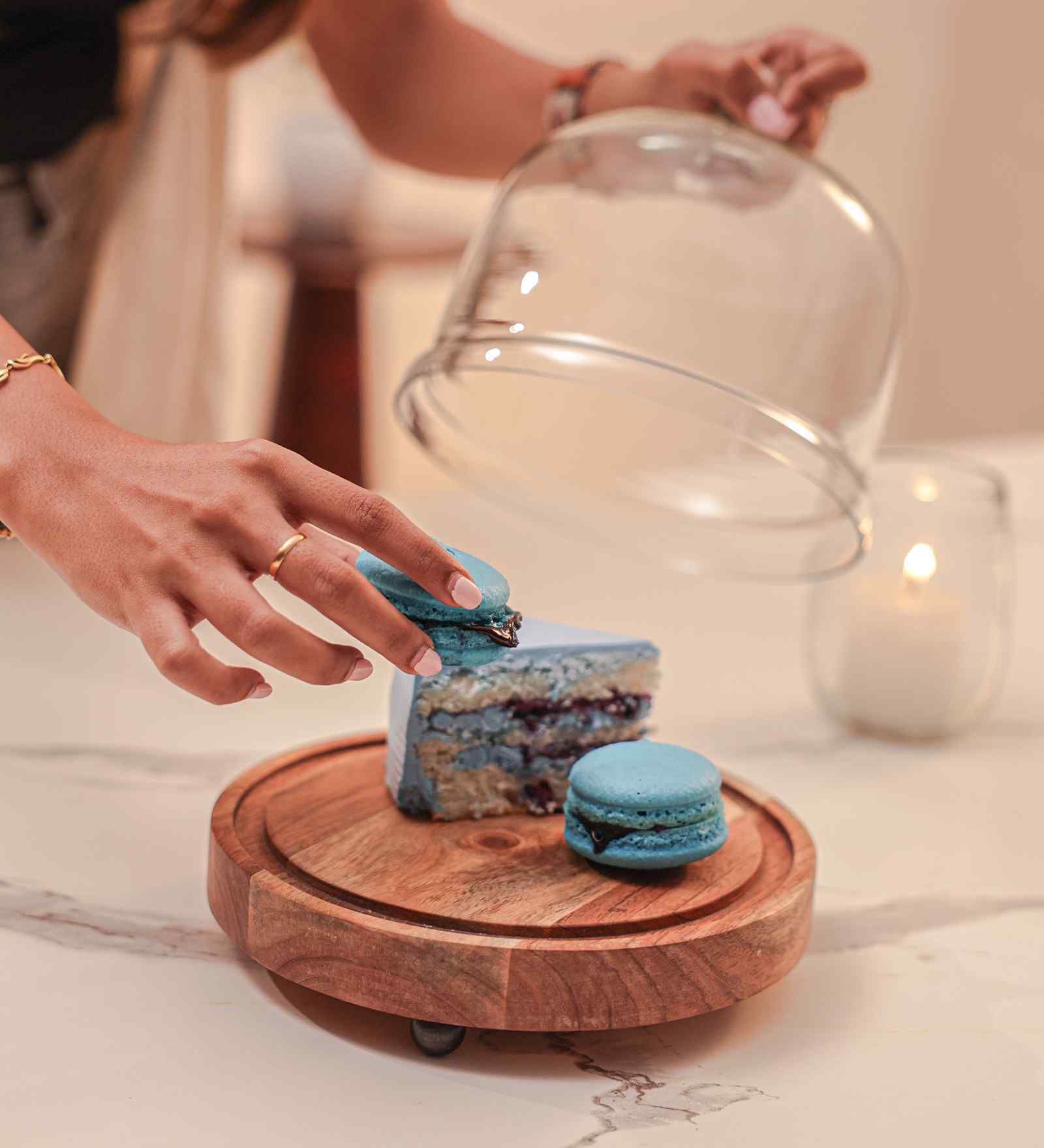 Sweet Haven Acacia Wood Cake Stand with Glass Dome