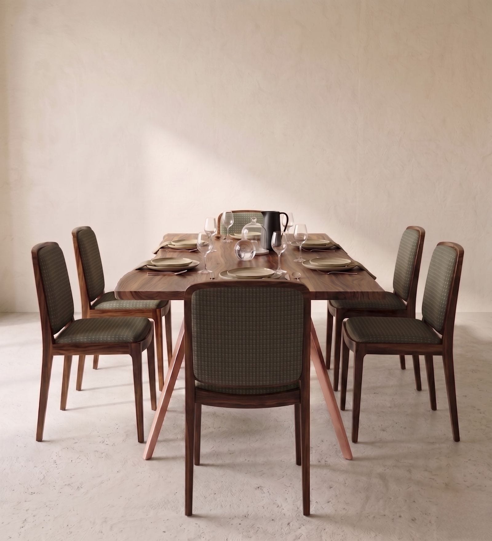 Swerve 6 Seater Acacia Wood And Metal Dining Table Set With Cushioned Teak Chairs In Natural Finish Swerve 6 Seater Acacia Wood And Metal Dining Table Set With Cushioned Teak Chairs In Natural Finish